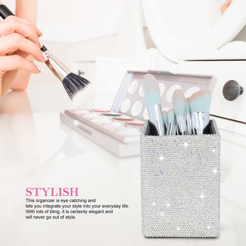 KEYPOWER Crystal Pencil Pot Holder Box Bling Rhinestone Pen Organizer Holder Cosmetic Pen Container Comb Brushes Personalized (Square White&AB Color) - Image 3